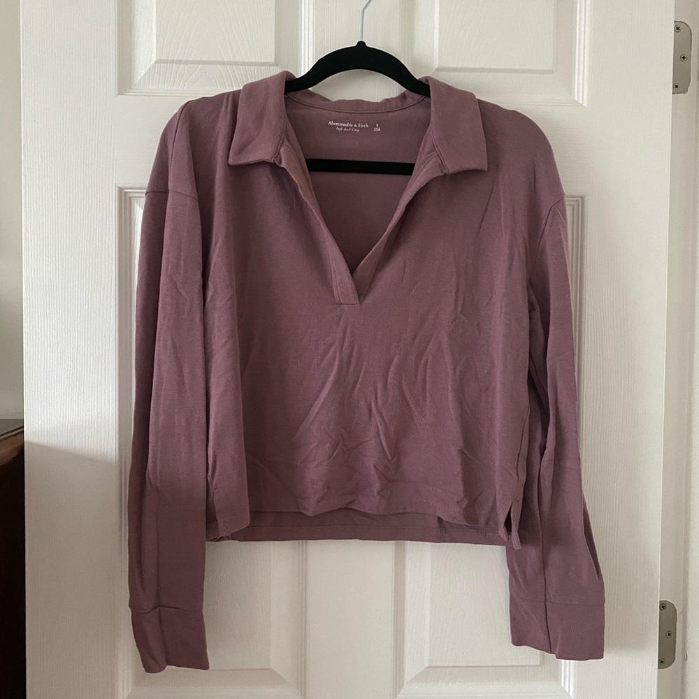 Abercrombie & Fitch Purple Cropped Relaxed Blouse with Polo Collar